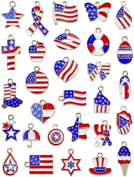 JIALEEY 29PCS Independence Day Charms, Patriotic 4th of July Red White Blue American Flag Charms for Bracelets Necklaces Jewelry Making, 29 Styles - Product Image