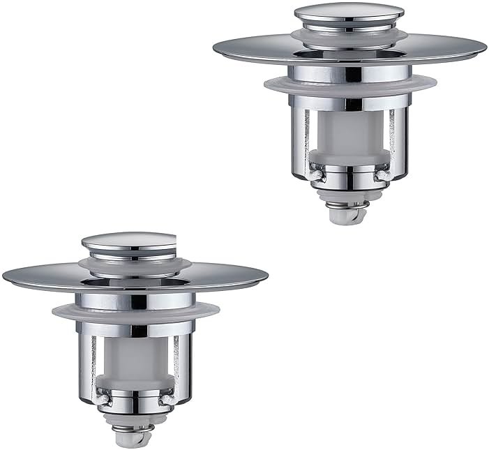 ADKADI Universal 2 in 1Bathroom Sink Stopper, 2 Pack Pop Up Bathroom Sink Drain Strainer for 1.06"-1.65" Basin Drain Holes, Anti Clogging Drain Filter(Chrome Silver) - Product Image