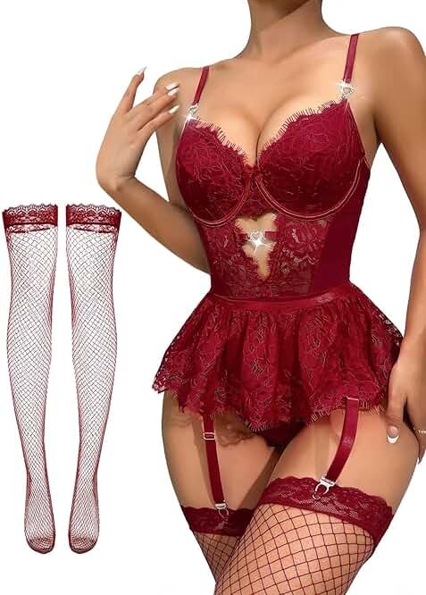 Lilosy Sexy Stocking Rhinestones Heart Garter Underwire Floral Mesh lace Sheer Babydoll Lingerie Teddy Bodysuit Skirt Set - Product Image