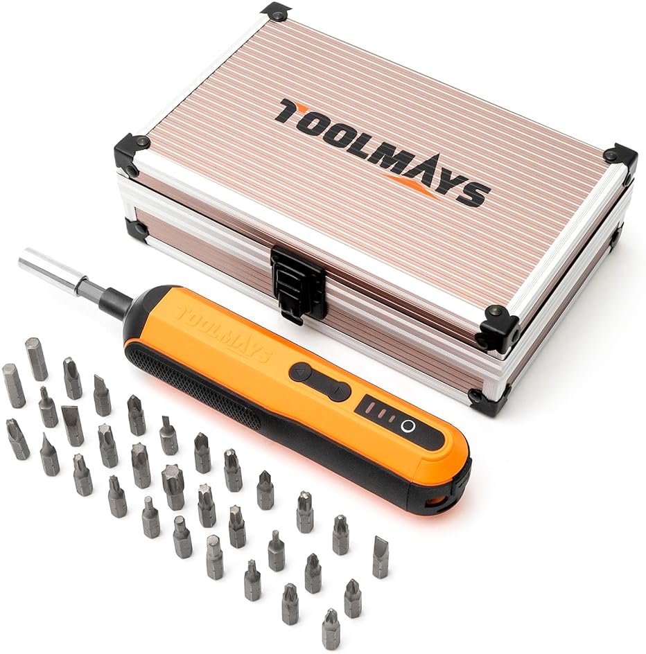 TOOLMAYS Electric Screwdriver, Cordless Screwdriver Kit, 4V 3-Speed Magnetic Bits Precision Screwdriver Set, Rechargeable Power Screwdriver, with Aluminium Box - Product Image