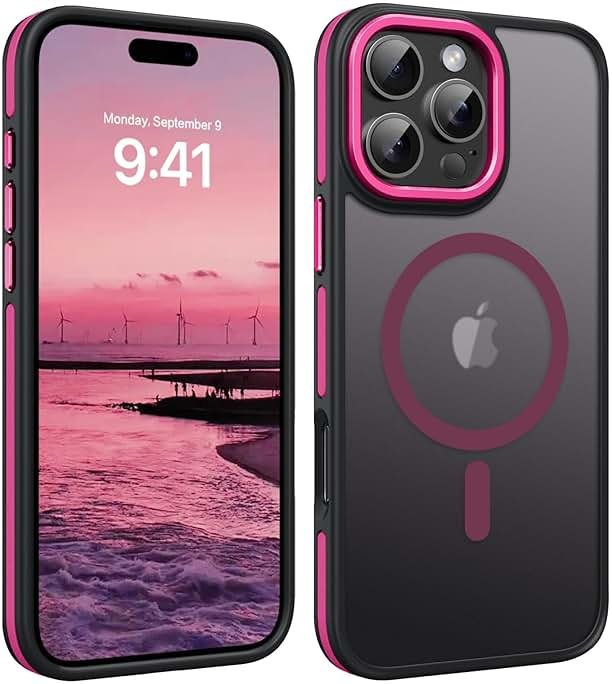 YINLAI Case for iPhone 16 Pro Max, Magnetic Case [Compatible with Magsafe] Supports Wireless Charging Slim Translucent Matte Women Men Shockproof Protective Back Phone Cover 6.9 Inch,Black/Hot Pink - Product Image