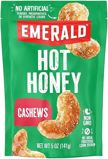Emerald Nuts Hot Honey Cashews (1-Pack) | 5oz Resealable Bag | Kosher Dairy Certified, Non-GMO, Contains No Artificial Preservatives, Flavors or Synthetic Colors - Product Image