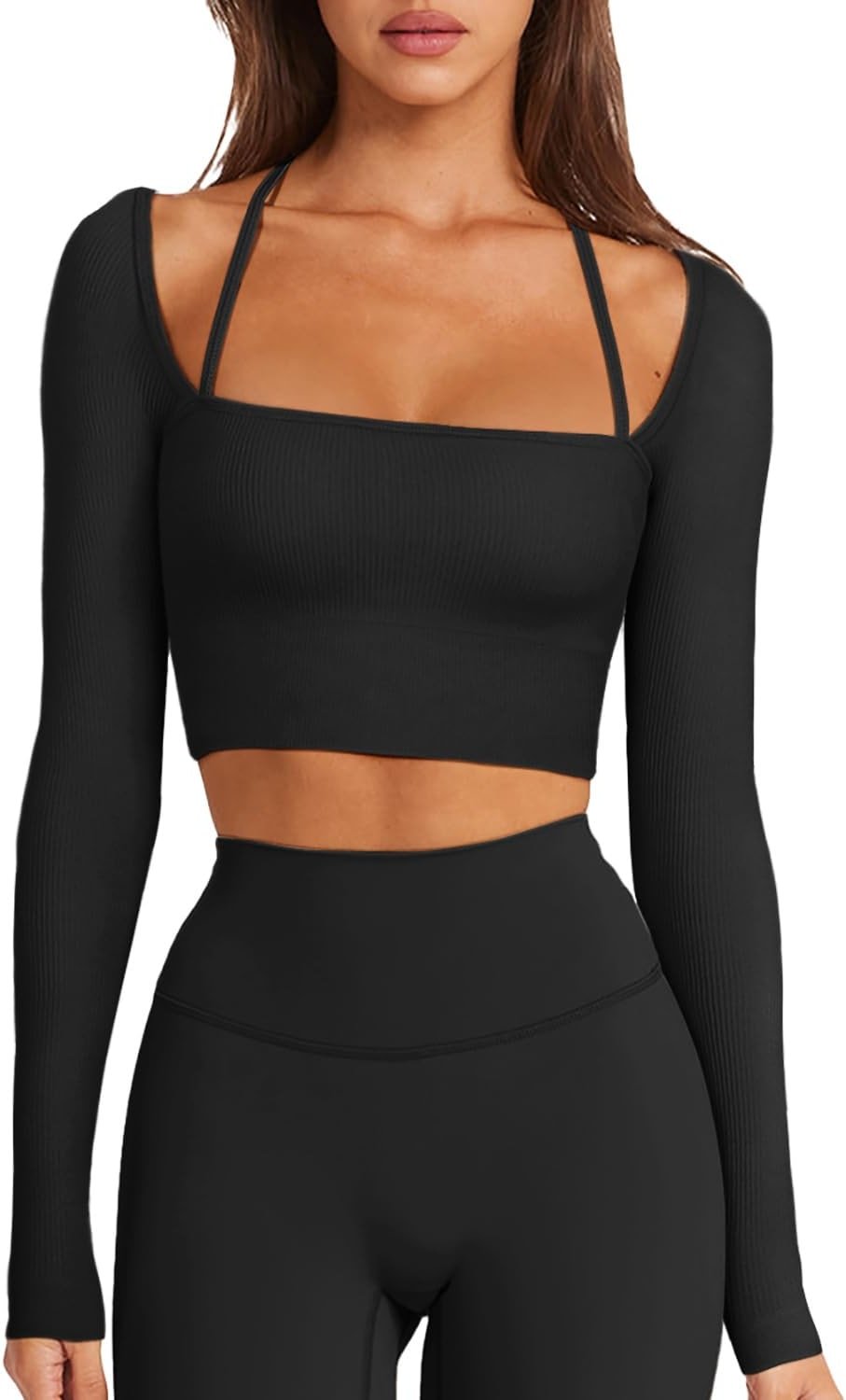 LASLULU Womens Sexy Square Neck Crop Top Ribbed Seamless Long Sleeve Workout Tops Halter Neck Athletic Yoga - Product Image