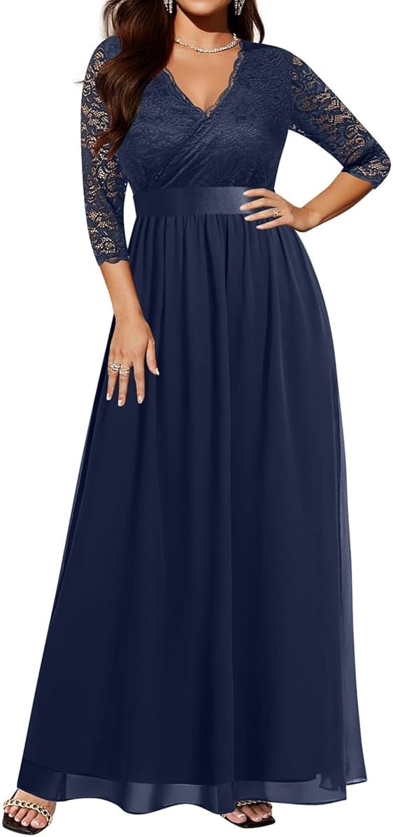 Pinup Fashion Wedding Dresses for Bride Plus Size - Formal Evening Gown Wrap Neck Lace Chiffon Long Dress - Product Image