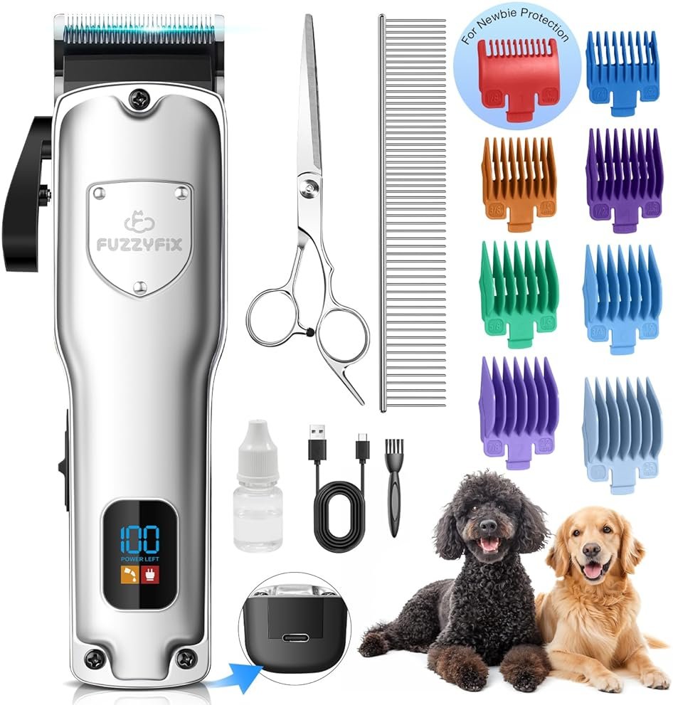 FuzzyFix Dog Clippers for Grooming for Thick Heavy Coats, Professional Low Noise Cordless Dog Grooming Clippers Supplies Kit Rechargeable Pet Hair Trimmer with Stainless Steel Blade for Dogs Cats Pet - Product Image