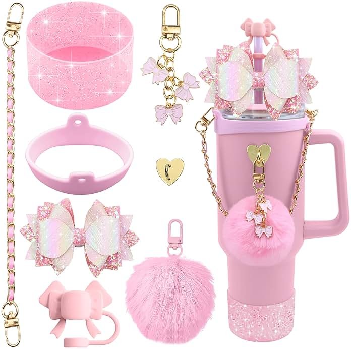 SEMATA Bling Accessories for Stanley Cup 40oz & 30oz Tumbler including Silicone Cute Bow Straw Topper Cover, Silicone Boot for Stanley Cup,Leather Water Bottle Handle Strap, Charms(Pink) - Product Image