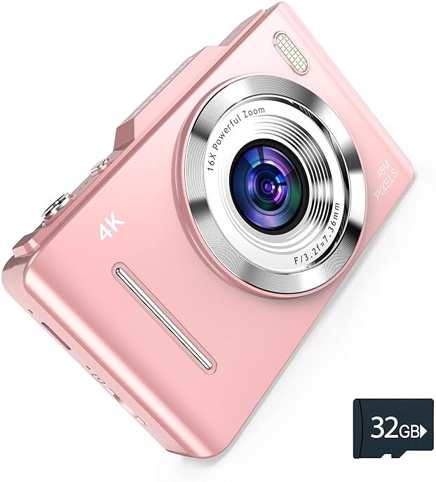 4K Digital Camera - 48MP Photos 32GB SD Card & Lanyard Included - Travel-Friendly, Digital Point and Shoot Camera, Kid-Sized, Small Camera Gift for Kids, Girls, Students & Teens - Product Image