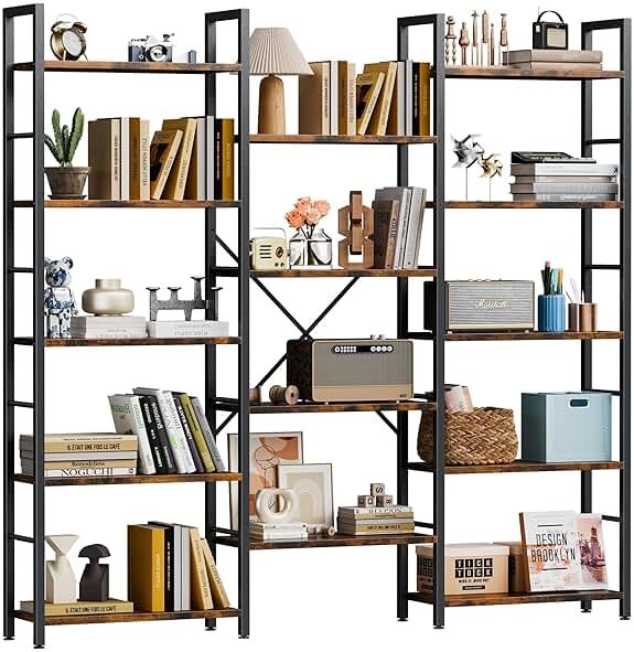 Shintenchi Triple 5 Tier Bookshelf, Industrial Large Bookcase with 14 Open Display Shelves, Large Etagere Bookshelf,Wide Book Shelf Book Case for Home & Office, Brown - Product Image