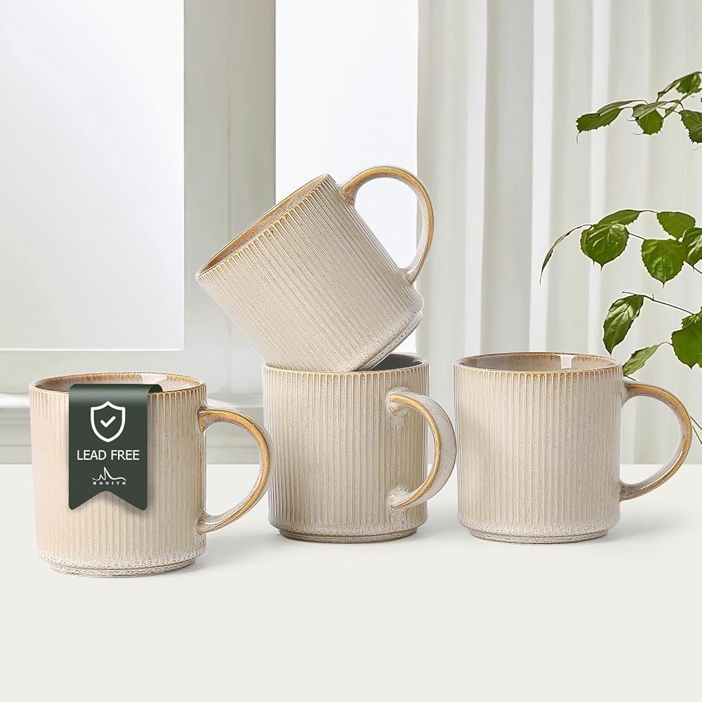 MONITO 16Oz Coffee Mugs Set of 4, Rustic Ceramic Coffee Cups Set with Large Handle, Vintage Striped Stoneware Coffee Mugs for Latte, Cocoa, Tea, Milk, Microwave & Dishwasher Safe, Bonbon Beige - Product Image