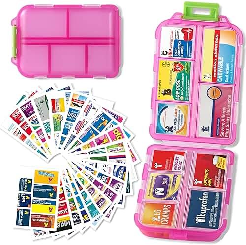 Pill Organizer with Medicine Labels Travel Daily Pill Container Mini Medication Organizer Storage Pill Organizer Travel Essentials Pill Case 7 Day (Pink & 161 Lables) - Product Image
