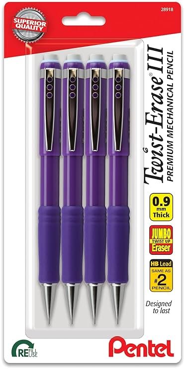 Pentel Twist-Erase III Mechanical Pencil, (0.9mm), Bold Line, Violet Barrel, Pack of 4 (QE519BP4V) - Product Image