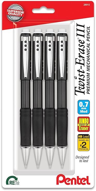 Pentel Twist-Erase III Mechanical Pencil, (0.7mm), Medium Line, Black Barrel, Pack of 4 (QE517BP4A) - Product Image
