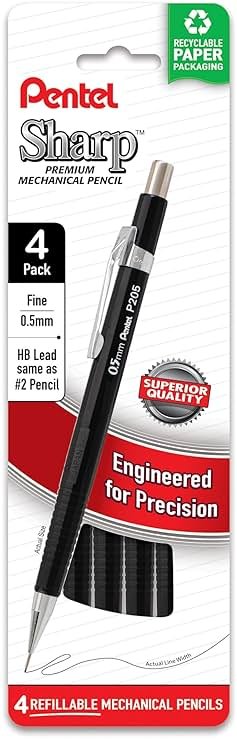 Pentel Sharp Mechanical Pencil, (0.5mm), Fine Line, Black Barrel, Pack of 4 (P205PF4A) - Product Image