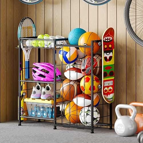 Sports Equipment Organizer, Ball Storage Rack with Elastic Straps and Removable Basket for Garage Organization, Garage Organizer with Hooks for Toy Sports Gear Storage, Sports Ball Storage Cart, Black - Product Image