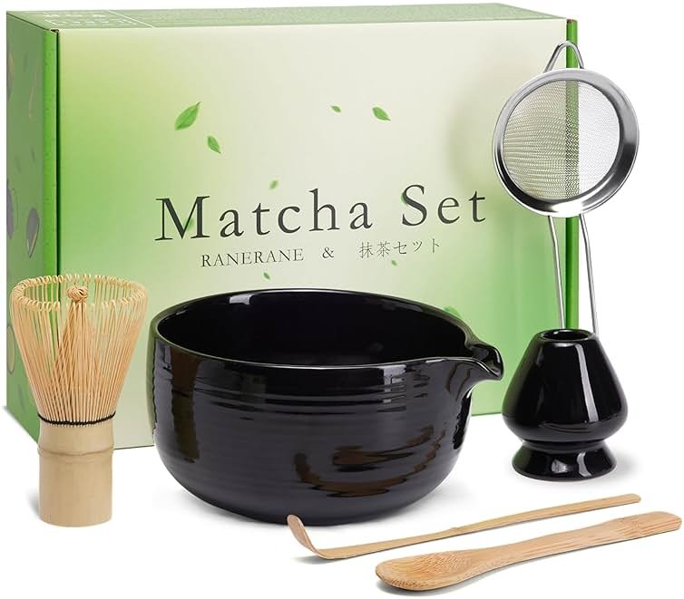 Matcha Whisk Set, Ceramic Matcha Set Includes Matcha Bowl, Matcha Whisk (Chasen) and Holder, Sifter, Bamboo Scoop & Spoon - 6 Pcs Matcha Kit for Matcha Lovers Black - Product Image
