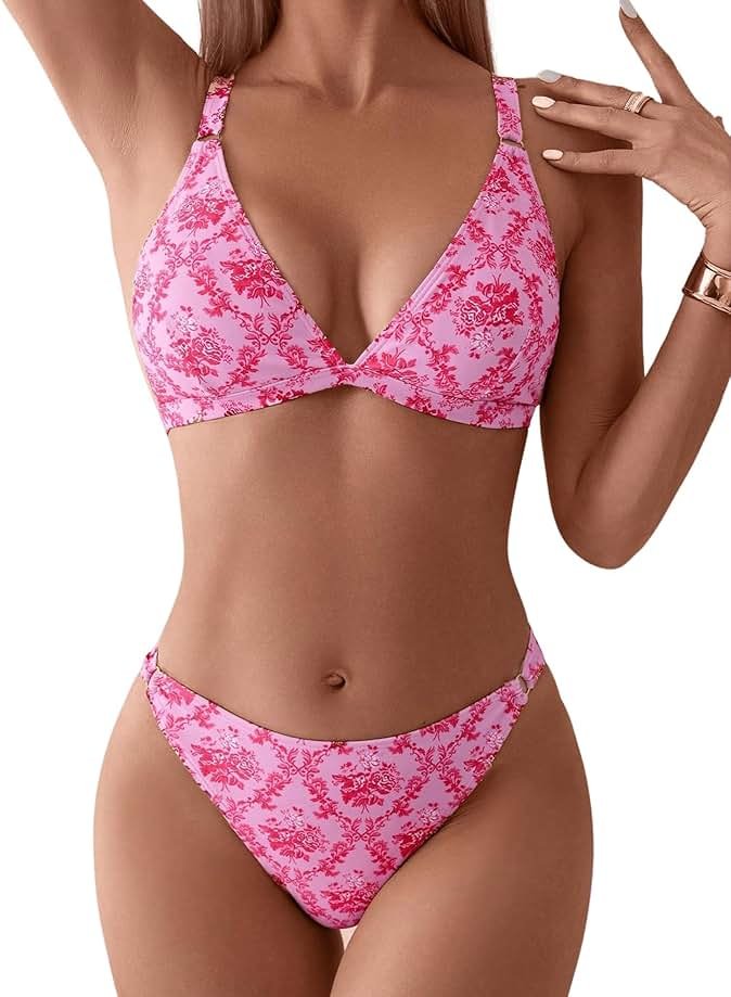 ZAFUL Women's 2 Piece Floral Print Swimsuit Triangle String High Cut Bikini Sets Bathing Suit - Product Image