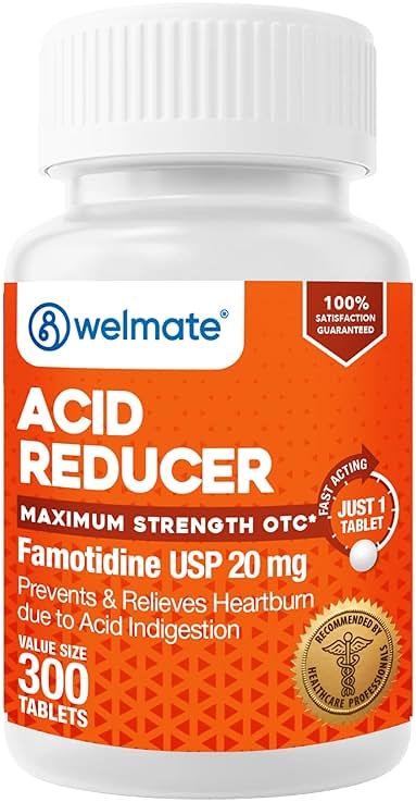 WELMATE Famotidine 20mg Maximum Strength Acid Reducer, 300 Count - Heartburn Relief, Heartburn Medicine - Acid Indigestion - 12 Hour Protection - Easy to Swallow Tablets, 150 Day Supply - Product Image