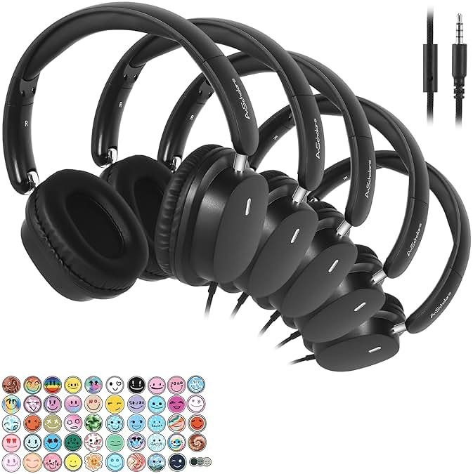 A+ Scholars Kids Headphones Bulk 5 Pack for School, HD Mic Stereo Sound Over-Ear Headphones for Classroom, Comfortable Fit, Foldable, 3.5mm Jack Wired Headphones for Kids ipad Tablets Computer Travel - Product Image