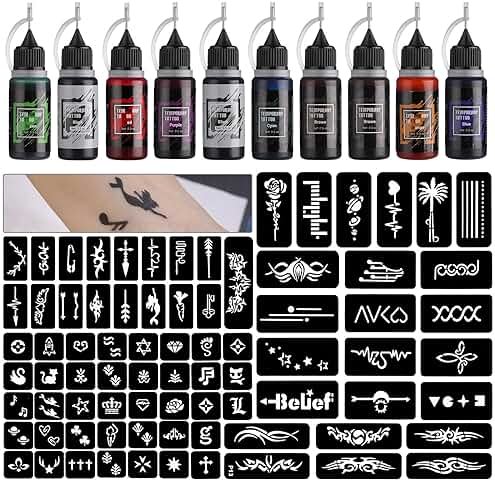 STIGMA Temporary Tattoo Kit 10 Bottles Color Inks, 84 Pcs Stencils Kit for Body Paint DIY Tattoos Temp, 8 Colors DIY Fake Tattoo for Women Kids - Product Image
