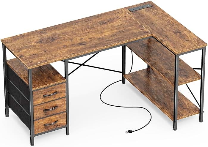 Huuger L Shaped Office Desk with Power Outlets, 47 Inch Computer Desk with 3 Drawers, Shelves, for Gaming, Corner Work, Home Office, Study, Rustic Brown - Product Image