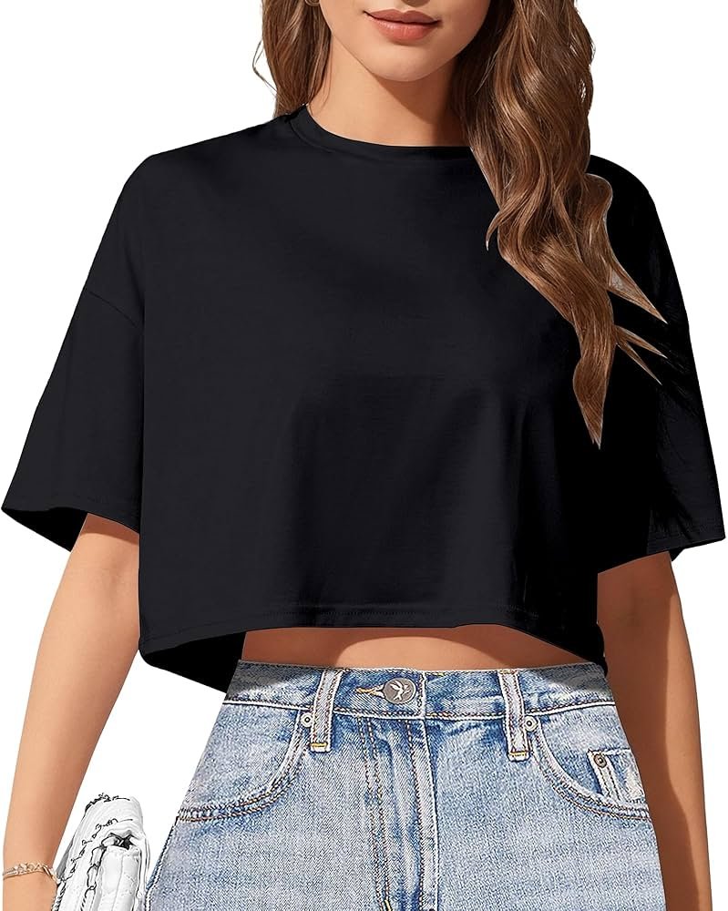 Women's Basic Crop Top Drop Shoulder T Shirt Half Sleeve Cropped Tee Crewneck Short Sleeve Casual Summer Solid Crop Tops - Product Image