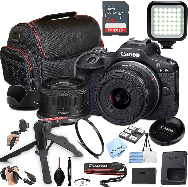 Canon EOS R100 24.2MP APS-C CMOS Sensor Mirrorless Camera with 18-45mm Lens + Case + 64GB Ultra Memory Card + LED Video Light + Filter + More (Essential Bundle) (Renewed), Black - Product Image