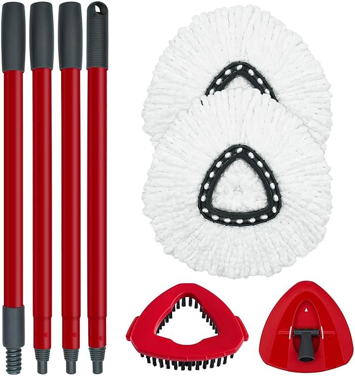 Spin Mop Replace Head, Base, Mop Handle Replacement for OCedar EasyWring 1 Tank System, Include 2 Microfiber Mop Head Replacement, 1 Sturdy Iron 30-58" Mop Handle, 1 Scrubber Head, 1 Spin Base - Product Image