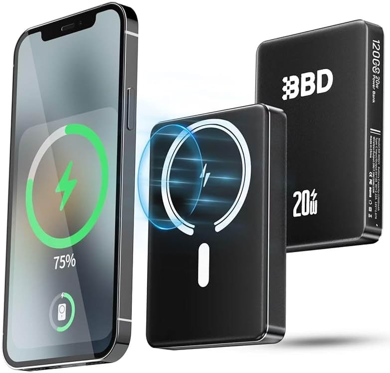 BBD Magnetic Power Bank for iPhone,12000mAh Magsafe Battery Pack with 20w Fast Charging,Slim Magsafe Power Bank USB C in&Out,Wireless Portable Charger for iPhone 16/15/14/13/12 Series 1 Pack - Product Image