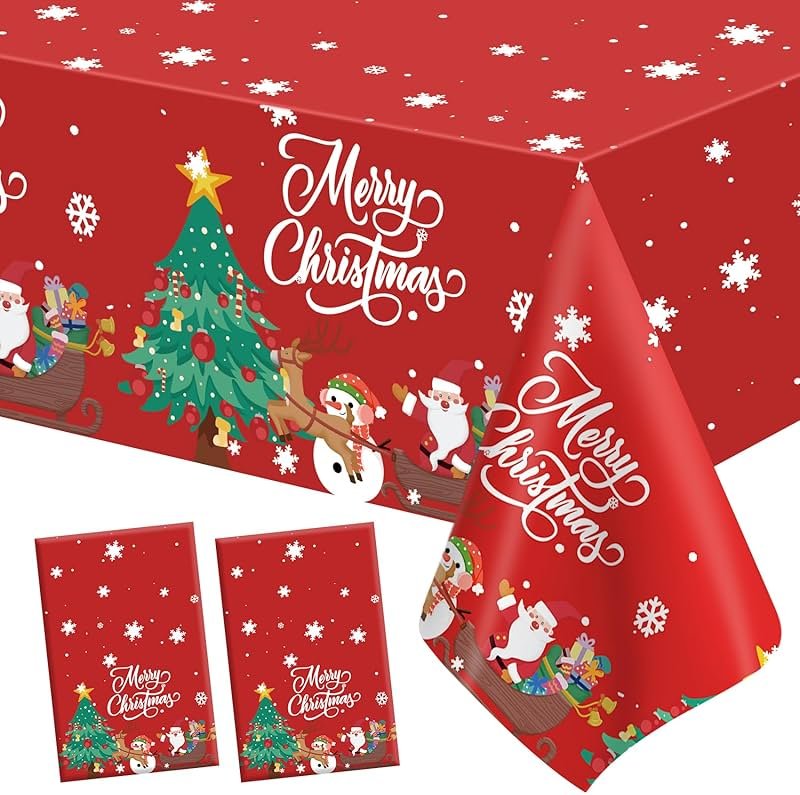 Christmas Tablecloth, 2PCS Disposable Red Plastic Tablecloth, 54 x 108 Inch Christmas Decorations Table Cloth, Xmas Tree Snowman Table Cover for Rectangle Tables for Xmas Holiday Party Favors Supplies - Product Image