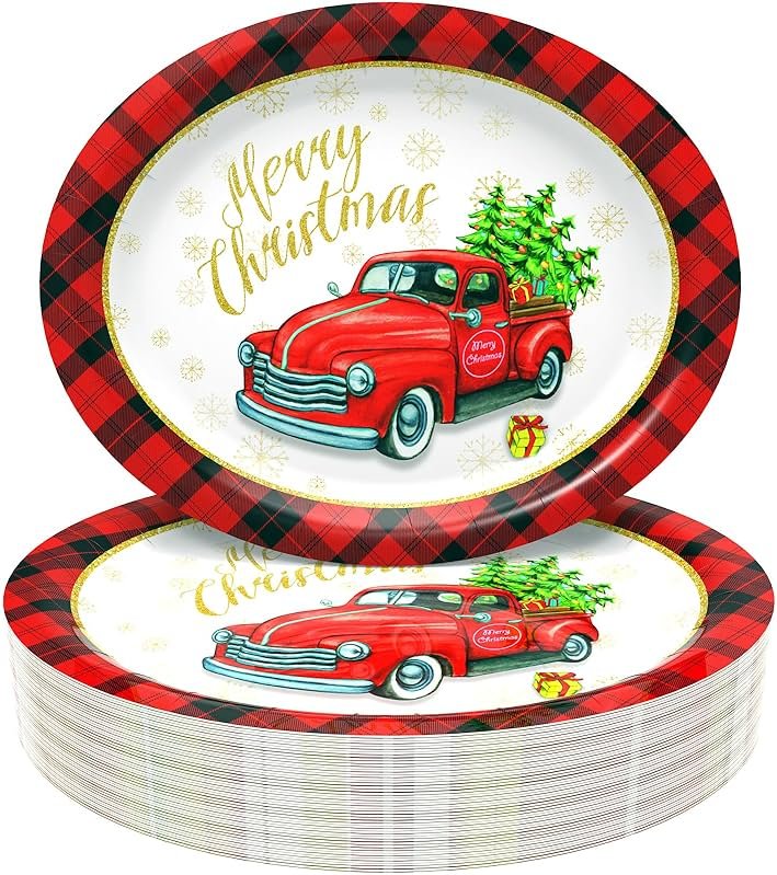 Tbsone 50-Count Christmas Disposable Paper Plates: Large Oval Heavy-Duty Dinnerware Set for Party Supplies and Holiday Dinner Table Decorations, 10.2 x 12.6 Inch (Christmas-Car) - Product Image
