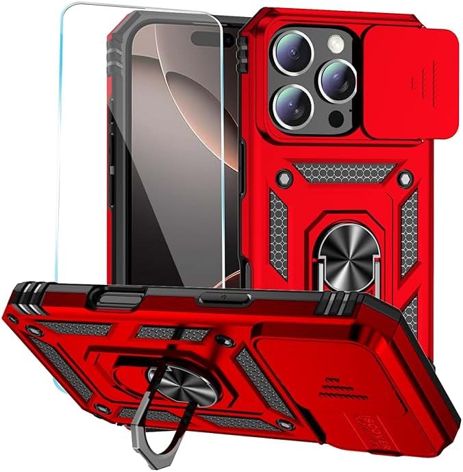SunStory Phone Case for iPhone 16 Pro Max Case with HD Screen Protector & Slide Camera Cover & Rotated Ring Kickstand, [Military-Grade] Phone Case for iPhone 16 Pro Max 6.9",Red - Product Image