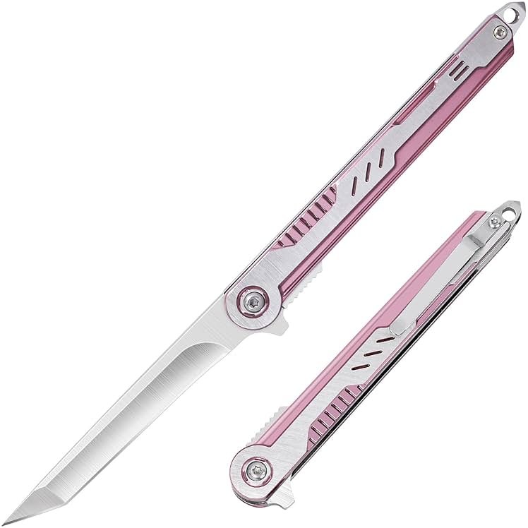 FUNBRO Pink Pocket Knife for Women - Slim EDC Knife with 7CR13Mov Steel Tanto Blade, Clip and Glass Breaker - Womens Knife for Self Defense - Cute Girl Survival Tool Pocket & Folding Knives - Product Image