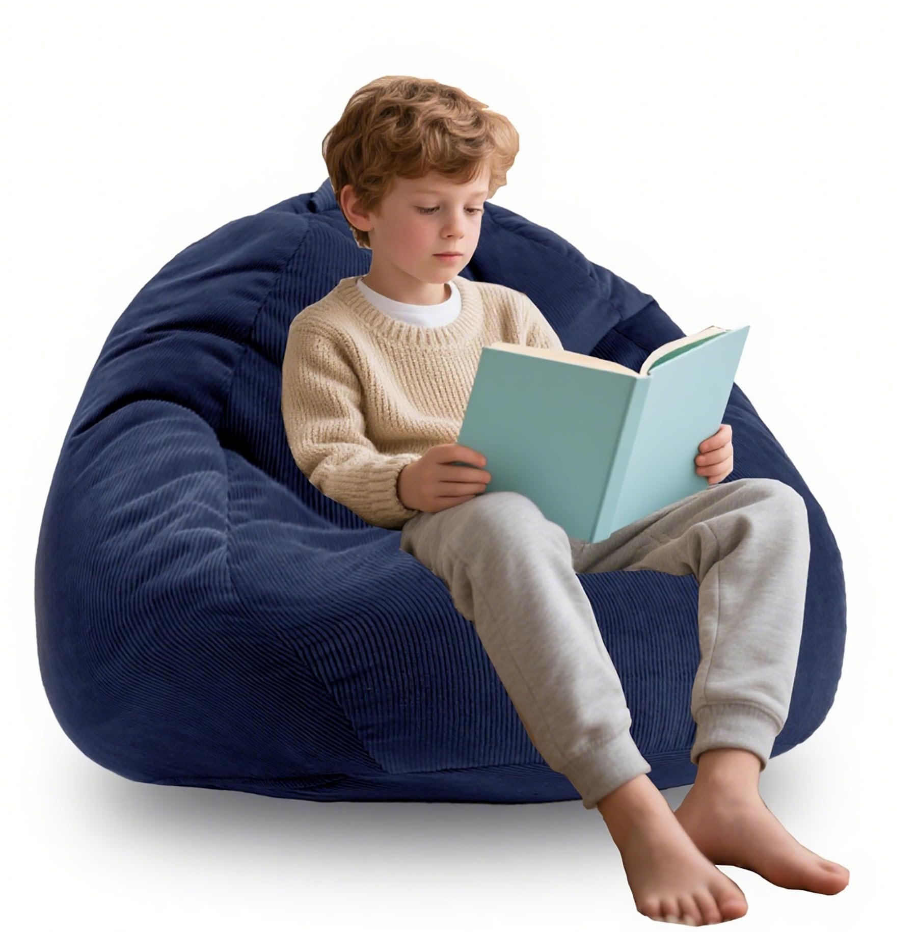 ENBAOHUI 3FT Memory Foam Bean Bag Chairs for Teens or Kids with Filling Bean Bag Sofa with Handle Super Soft Corduroy Fabric Lazy Sofa 3 Foot Navy Blue - Product Image