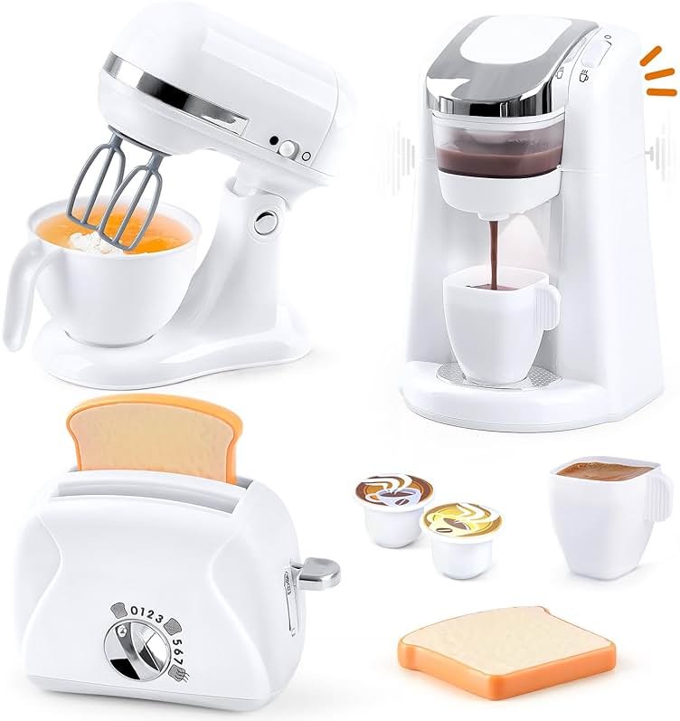 Play Kitchen Appliances Toys, Kids Kitchen Playset Accessories, Pretend Play Toy Sets with Coffee Maker, Mixer, Toaster with Realistic Lights & Sounds, Gifts for Boys Girls Toddlers Ages 3+, White - Product Image