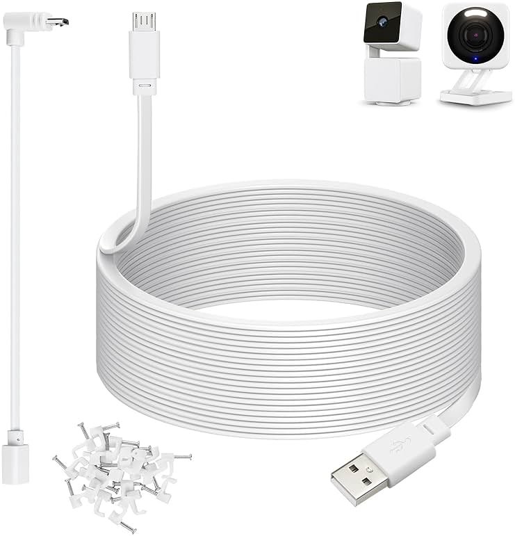 50ft Power Cable for Wyze Cam v4,Wyze Cam Pan v3,Wyze OG,Wyze Cam v3 and v3 Pro Security Cameras - 15m Long Flat Extension USB to Micro USB Charging Cord with L-Shaped Adapter, White - Product Image