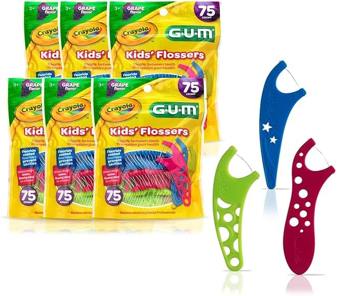 GUM Crayola Kids Flossers with Fluoride - Designed for Little Hands - Fun Grape Flavor - Easy to Use Kids Floss Picks for Children Ages 3+, 75 Count (Pack of 6) - Product Image