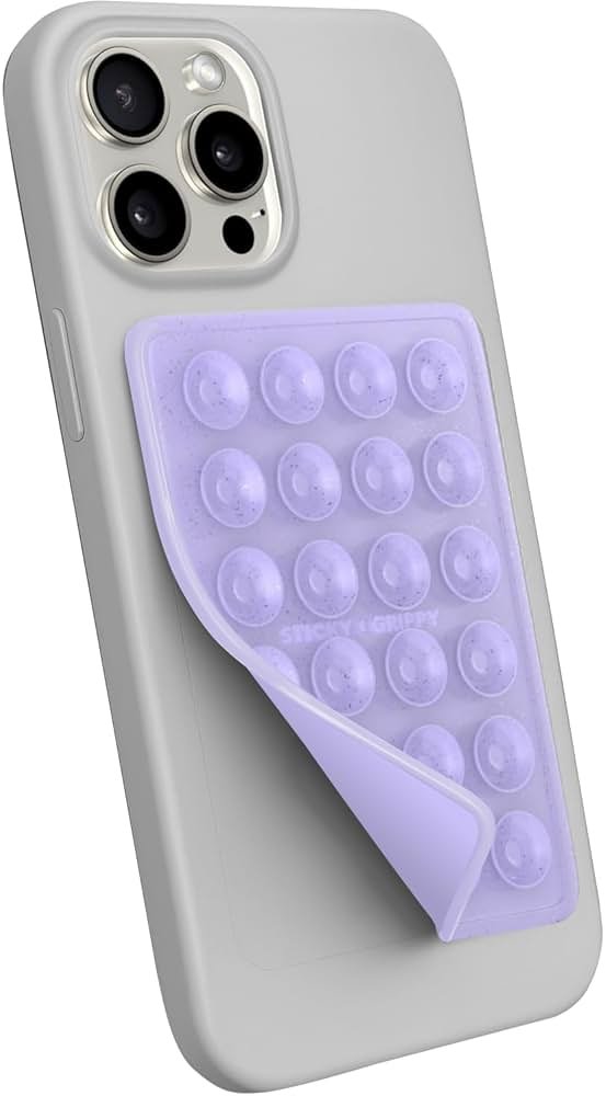 StickyGrippy Suction Phone Case Mount, Sillicon Adhesive Phone Accessory for iPhone and Android, Hands-Free Fidget Toy Mirror Shower Phone Holder, Tiktok Videos and Selfies (Purple Glitter) - Product Image
