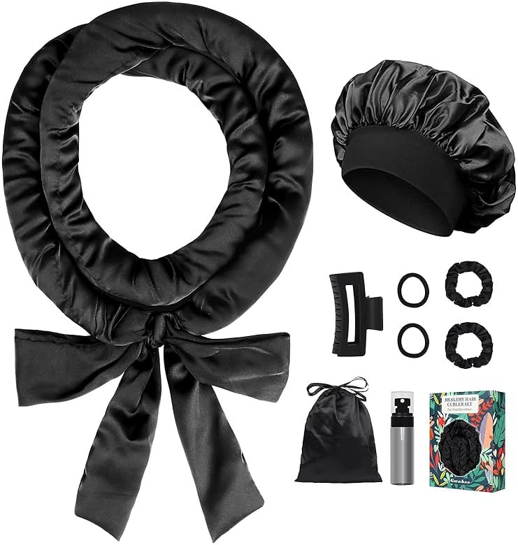 Gwabee Satin Heatless Curls Overnight Hair Curlers to Sleep In Hair Curler Rollers No Heat Hair Wrap for Curls Headband, 70" Satin Heatless Curling Rod Set for Women Long Waves Hair Volume -Black 9PCS - Product Image