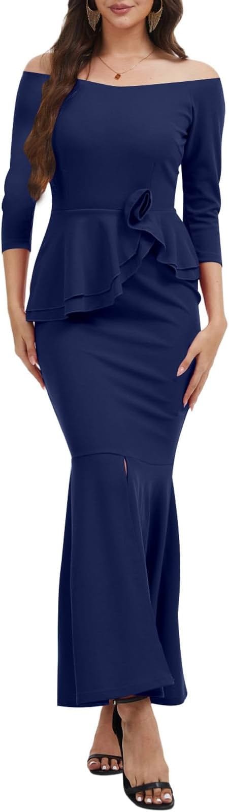 Women's Elegant Formal Mermaid Maxi Dress Off Shoulder Long Sleeve Wedding Split Evening Gown Prom Cocktail Party Dresses - Product Image