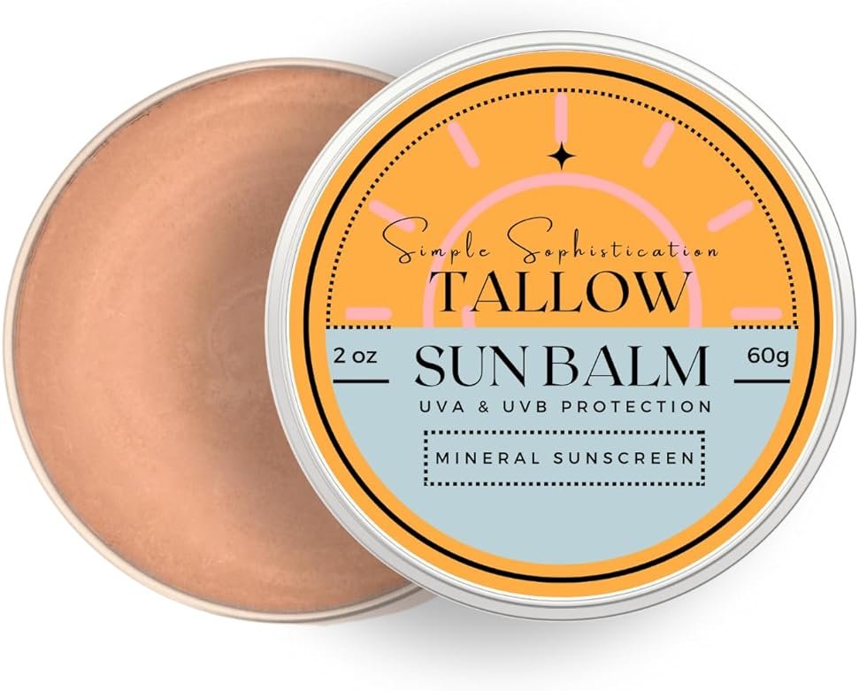 Tallow Sun Balm- with grassfed beef tallow, castor oil, zinc oxide | Mineral Sunscreen | Natural, Organic | Reef Safe, Ocean Friendly | Spf 30 - suitable for sensitive skin (2 oz) (Medium) - Product Image