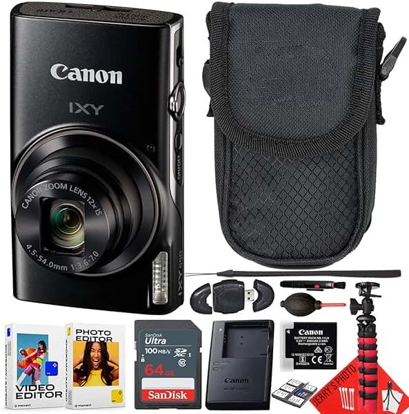 Canon PowerShot IXY 650 / ELPH 360 HS Compact Digital Camera 12x Optical Zoom (Black) Bundle with 64GB Memory Card + Camera Case + Card Reader + Spider Tripod + More (13pc Bundle) (Renewed) - Product Image