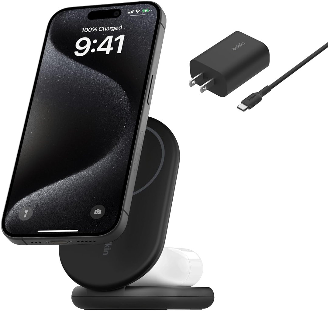 Belkin MagSafe-Compatible Charger, 2-in-1 Magnetic Foldable Charger 15W - Qi2-Certified Wireless Charging for Apple iPhone 16, Apple Watch, Samsung Galaxy S25 w/Non-Slip Base, PSU Included - Black - Product Image
