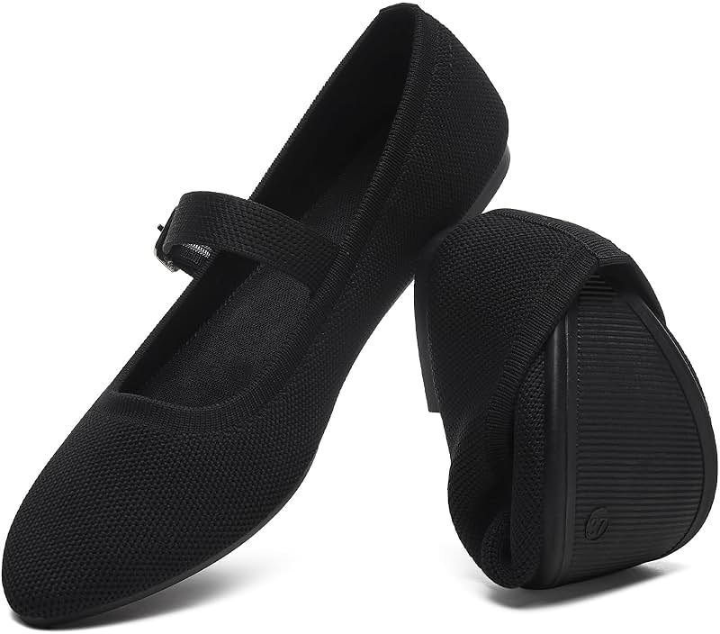 HEAWISH Women's Ballet Flat Shoes Mary Jane Pointed Toe Mesh Flats,Comfortable Slip on Ladies Shoe with Adjustable Strap,Casual Office Dress Flats for Work - Product Image