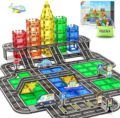 IGIVI 104 PCS Magnetic Tiles Road Set, STEM Construction Toys for Kids Ages 3-5 5-7 4-8, Magnet Building Blocks for Toddler Toys Games, Christmas Birthday Gifts for 3+ Year Old Boys Girls - Product Image