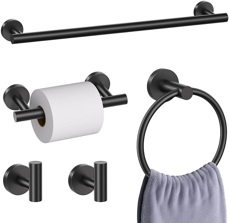 5 Pieces Matte Black Bathroom Hardware Accessories Set, Bathroom 23.6 Inch Towel Bar Set Stainless Steel Toilet Paper Holder Round Towel Racks for Bathroom Wall Mounted - Product Image