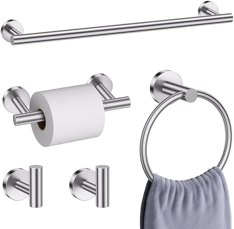 Brushed Nickel Bathroom Hardware Accessories Set, 5 Pieces Round Towel Bar Set Toilet Paper Holder Towel Rail Set for Bathroom Stainless Steel Wall Mounted Bathroom Set,23.6 in - Product Image