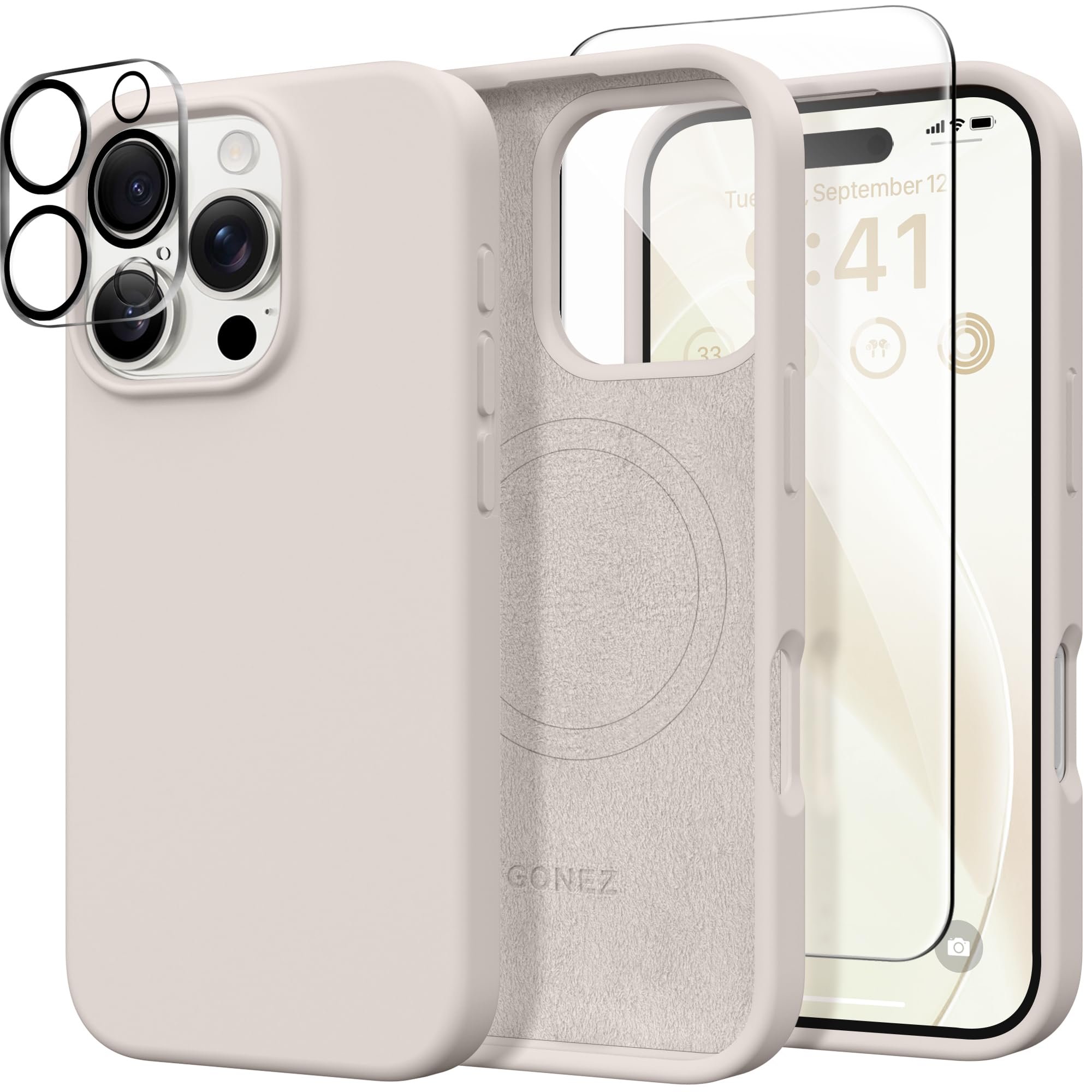 GONEZ Magnetic for iPhone 16 Pro Max Case, [Compatible with MagSafe] Anti-Scratch Microfiber Lining & Screen Protector, Silicone Camera Control, Shockproof Slim Phone Cover 6.9 inch, Stone - Product Image