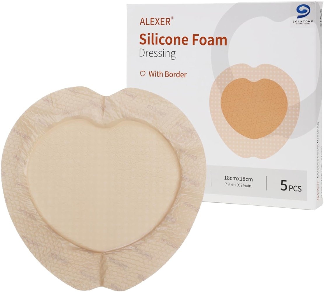 Jointown Foam Absorbent Wound Care Dressing, Adhesive Silicone Sacral Foam Dressing with Border, Waterproof Bed Sore Bandages, 7"x7", 5 PCS - Product Image