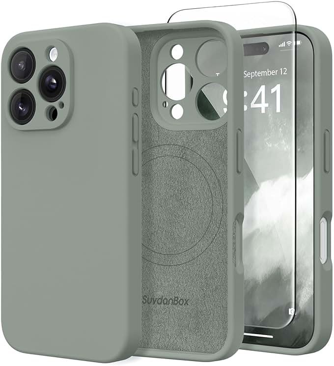 SuydanBox Magnetic for iPhone 16 Pro Max Case, Compatible with MagSafe, [Full Camera Protection][Screen Protector] Silicone Shockproof Protective Phone Case for iPhone 16 Pro Max 6.9", Calke Green - Product Image