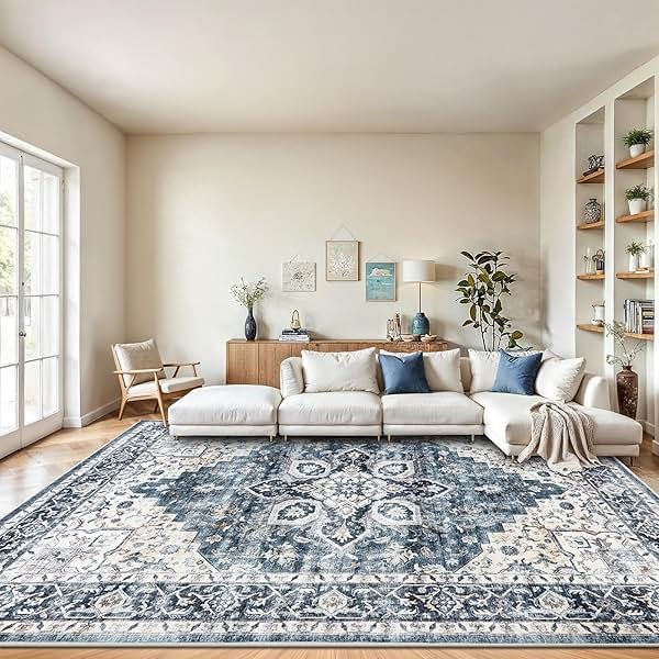 AMADA HOMEFURNISHING 8x10 Washable Area Rug, Low-Profile with Non-Slip Backing & Durable Edge Binding, Vintage Large Rugs for Living Room, Bedroom, Dining Room, Blue - Product Image